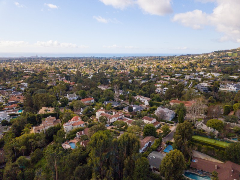 Aerial views of the large homes and mansions, in the affluent Brentwood neighborhood in Los Angeles.