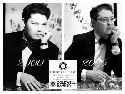 Black and white then and now portrait of Christophe Choo reflecting on 37 years of experience as a top luxury real estate agent in Beverly Hills and Los Angeles