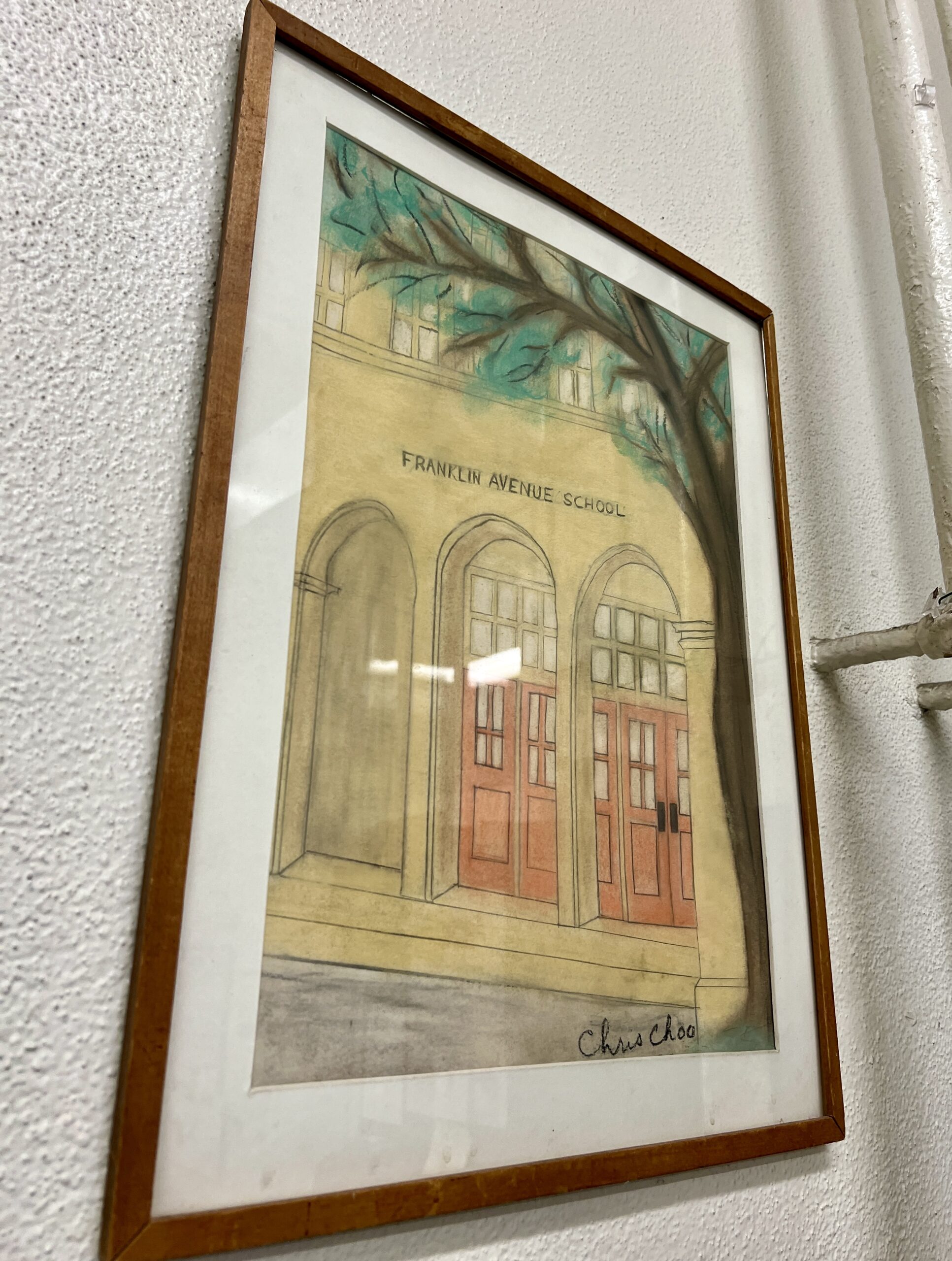 Childhood pastel artwork of Franklin Avenue Elementary School created by Christophe Choo displayed on campus in Los Feliz Los Angeles
