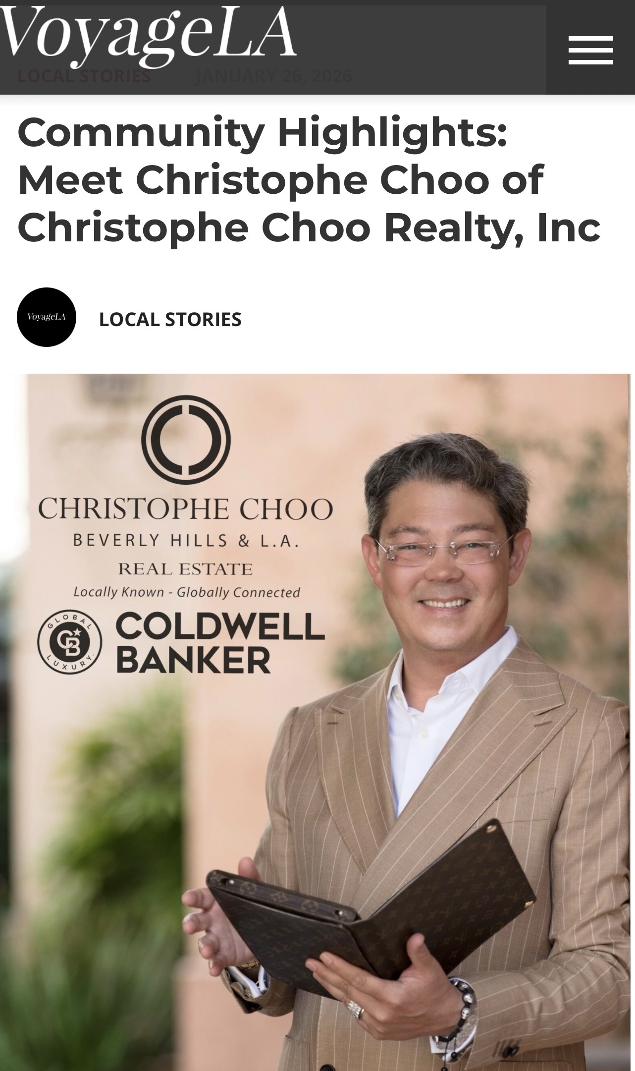 Top Beverly Hills real estate agent Christophe Choo featured in a VoyageLA interview regarding luxury home selling strategies.