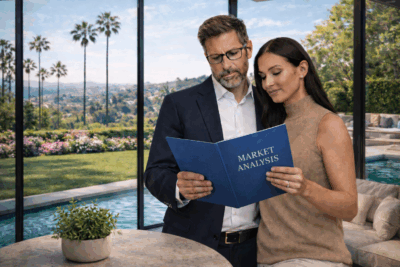 Affluent middle aged couple reviewing real estate market analysis report inside a luxury Beverly Hills home with spring garden visible through floor to ceiling windows
