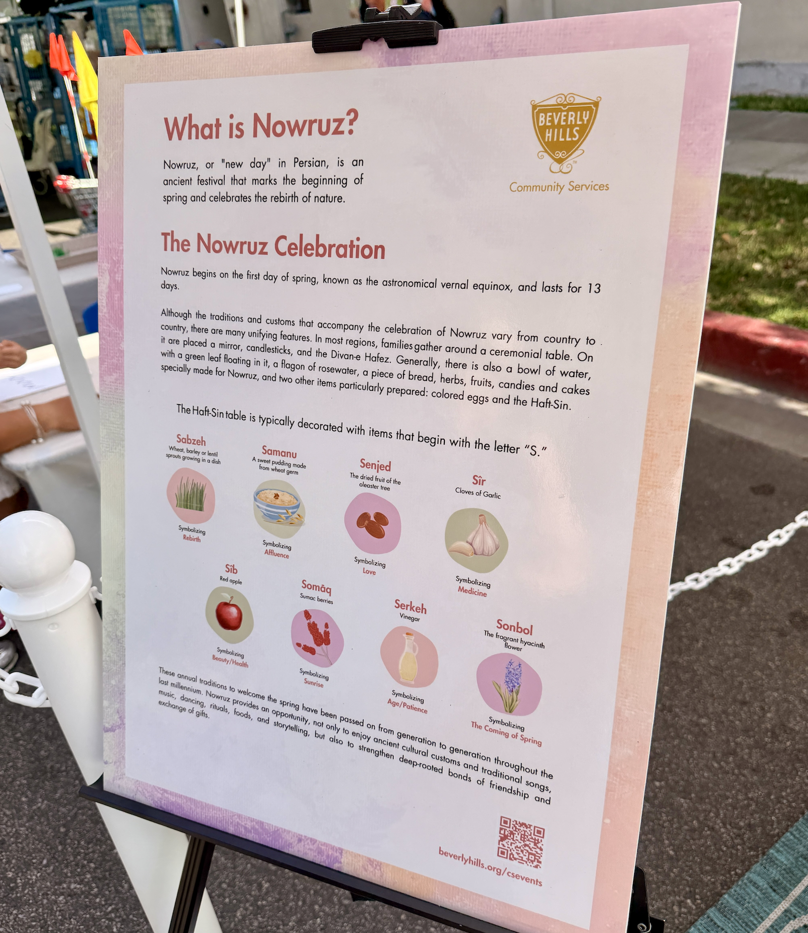 An educational sign titled "What is Nowruz?" by the City of Beverly Hills Community Services, explaining the Persian New Year traditions and the meanings of the Haft-Sin table elements. The sign features the Beverly Hills city logo, perfect for community-focused luxury real estate branding.