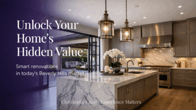 Luxury Beverly Hills kitchen renovation with Calacatta marble waterfall island, custom greige cabinetry, and indoor outdoor California room designed to increase home value using equity