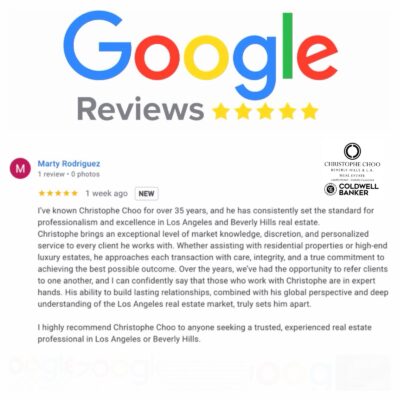 5-star Google Business review from Marty Rodriguez, the #1 Century 21 agent in the world, endorsing Christophe Choo as the top luxury real estate agent in Beverly Hills and Los Angeles.