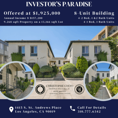 Exterior view of a two-story, 8-unit traditional apartment building at 1415 S. St. Andrews Place in Los Angeles, featuring a central walkway, manicured greenery, and tan stucco walls.