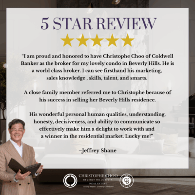 5-star review graphic for Christophe Choo Beverly Hills Real Estate featuring client testimonial from Jeffrey Shane about 447 N Doheny condo.