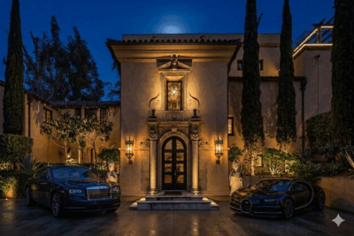 Night view of The Cedars estate in Los Feliz, Los Angeles, featuring a Rolls Royce and Bugatti parked in front of the historic Sue Wong mansion.