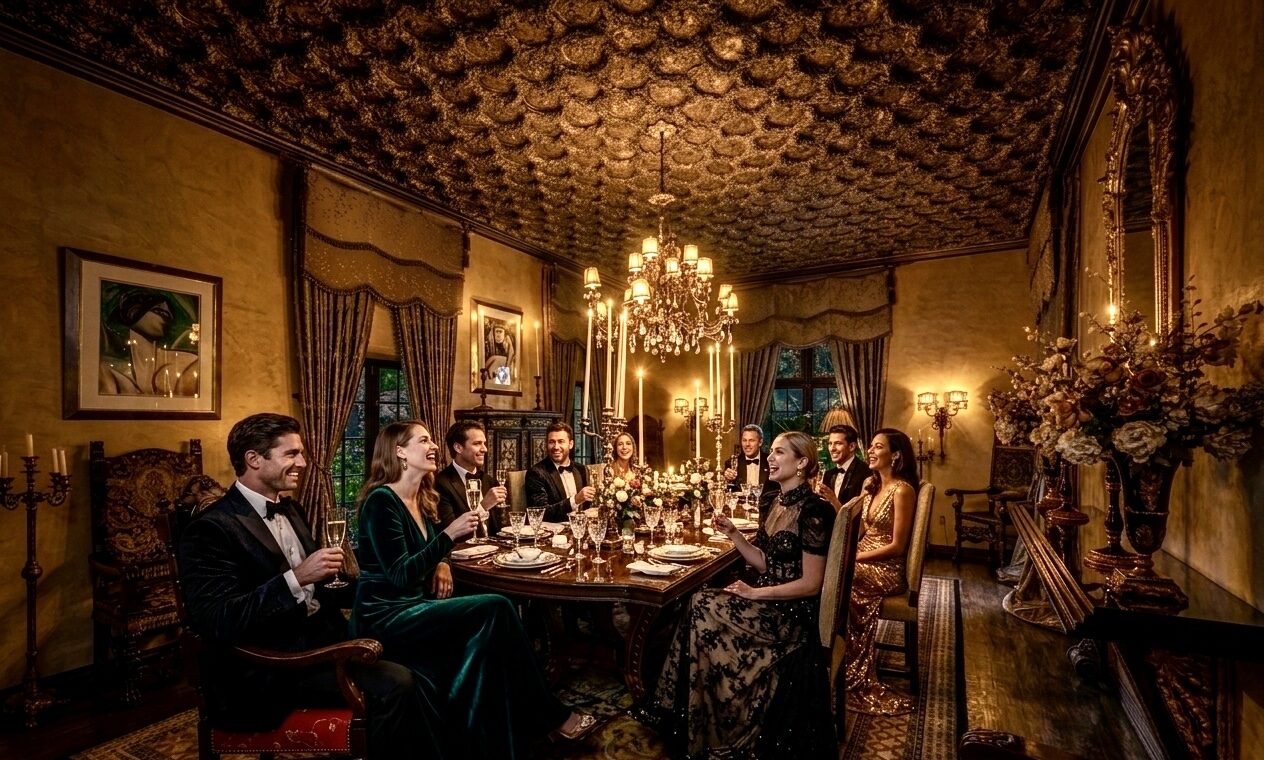 The magnificent gilded bas-relief dining room ceiling at The Cedars in Los Angeles, showing guests at a black-tie dinner party under a crystal chandelier.