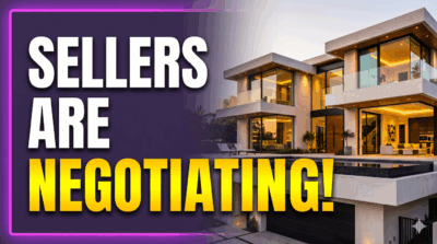 Ultra-luxury modern Beverly Hills mansion at golden hour with a deep purple gradient overlay and bold text reading 'SELLERS ARE NEGOTIATING!'