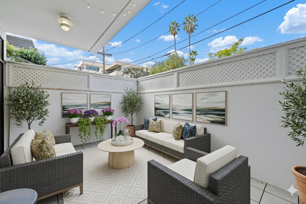 Enclosed private patio at La Terrasse Beverly Hills featuring modern outdoor furniture, stone tile flooring, high privacy walls, and a view of local palm trees.