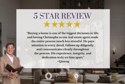 5-star real estate review for Christophe Choo from client Qineng highlighting stress-free service in Beverly Hills.