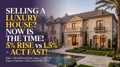 Alt Text: A high-end real estate marketing graphic featuring a luxurious, traditional Beverly Hills mansion at golden hour on the right, contrasted by a rich purple (#42325B) gradient field on the left. Overlaying the purple field is bold, high-contrast text in white and electric gold that reads: "SELLING YOUR LUXURY HOME? WHY NOW IS THE TIME. BEVERLY HILLS MARKET IS UP 18%!" The image uses aggressive typography to capture attention quickly in vertical search and social feeds.
