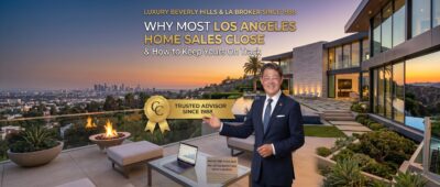 Christophe Choo, trusted luxury real estate broker since 1988, presenting why home sales close. Features a stunning view of the Los Angeles skyline from a modern Beverly Hills mansion terrace at sunset, near an infinity pool and a golden "Trusted Advisor" award.