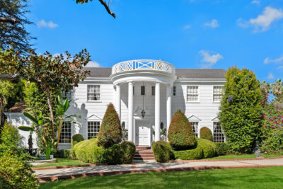 Exterior facade of 251 N. Bristol Avenue in Brentwood Park, Los Angeles—the famous Georgian Colonial Revival home used for the exterior of the Fresh Prince of Bel-Air house.