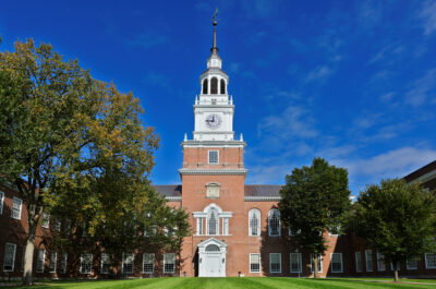 The Baker Library tower on the Dartmouth Green in Hanover, NH
