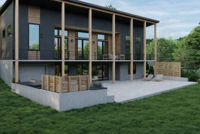 Exterior of the Mountain Stream at Quechee Two Level Evergreen home model, new homes in Quechee Lakes Vermont