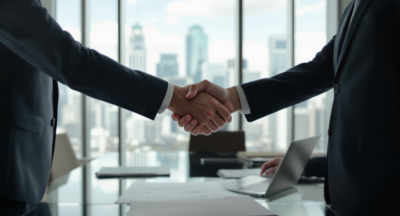 Two business executives shaking hands across a conference table after closing an M&A deal