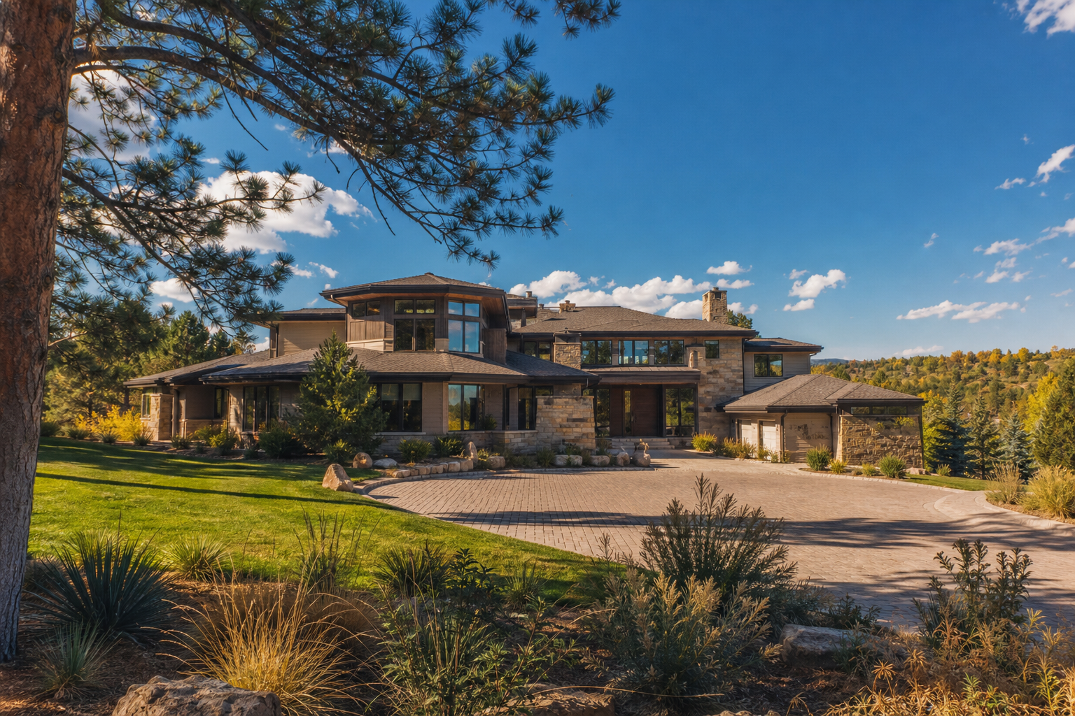 Upscale Greenwood Village residential street with custom homes at golden hour
