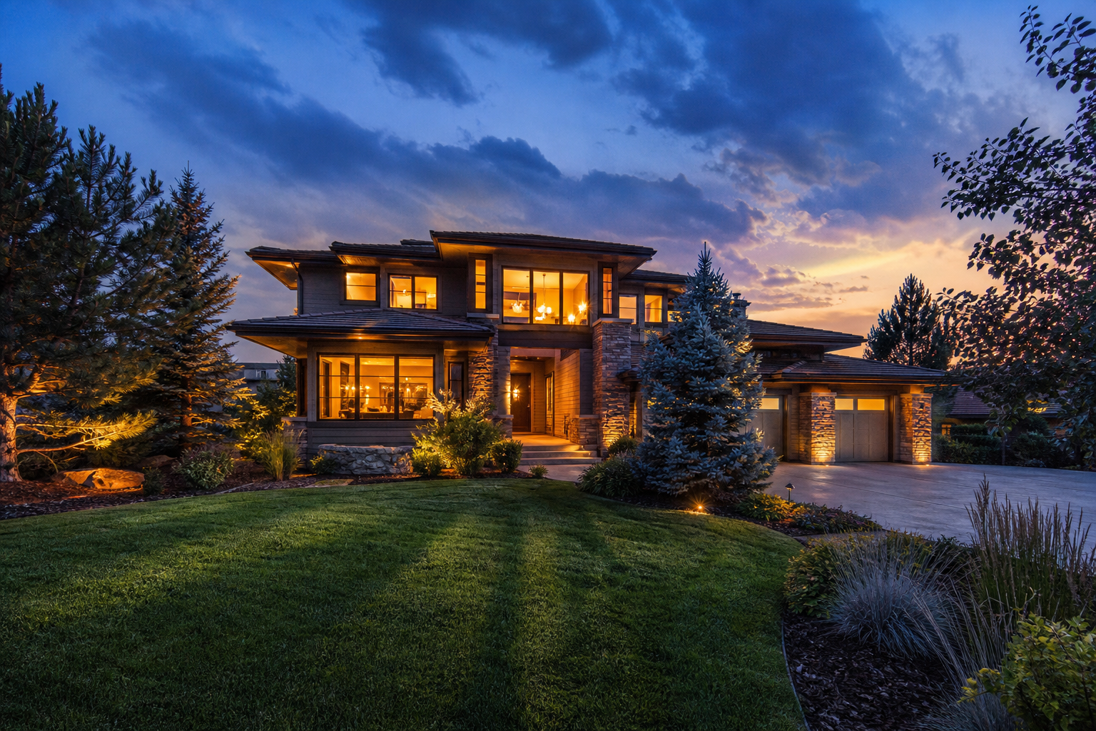 Contemporary Greenwood Village home at golden hour