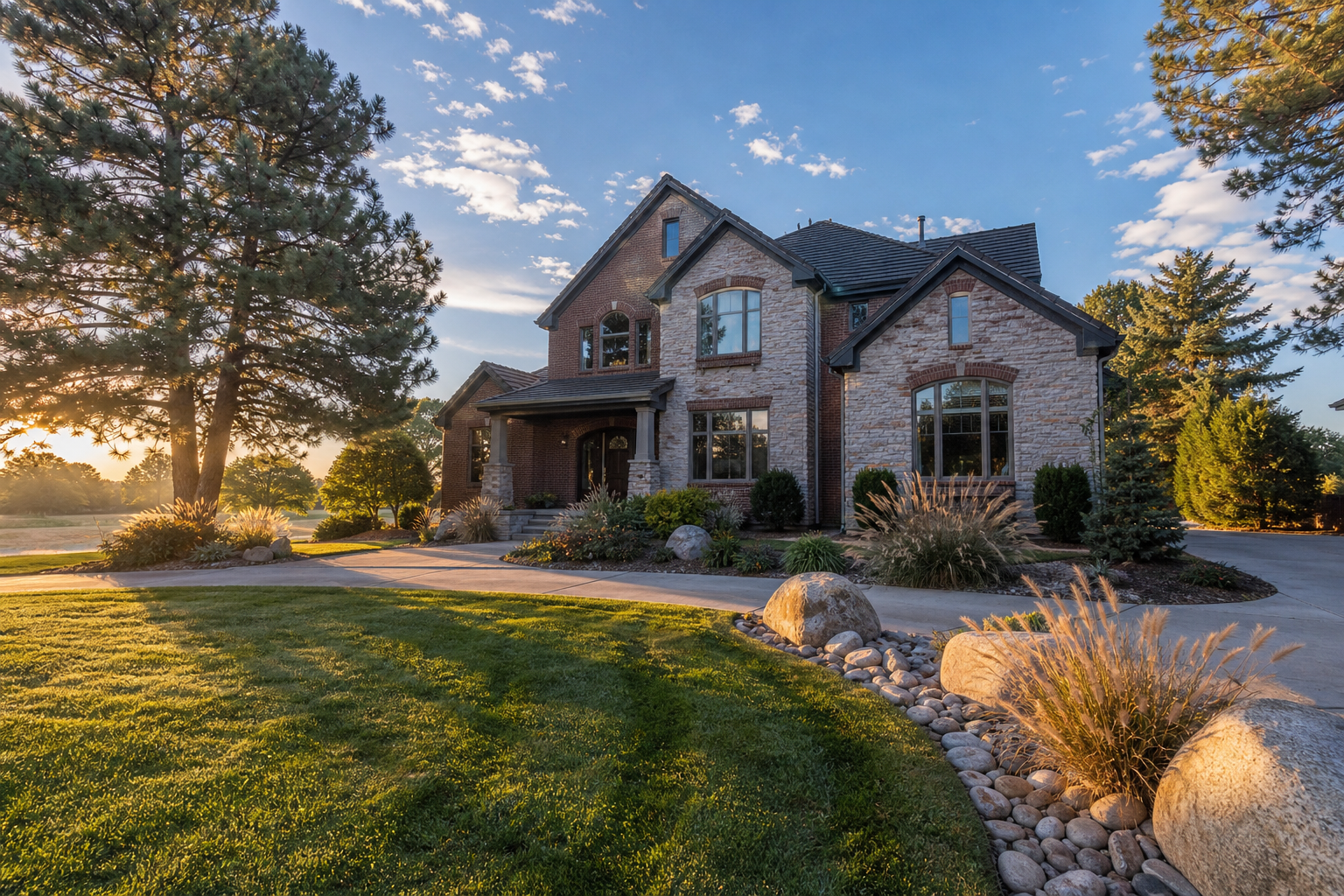 Greenwood Village home at golden hour with landscaped front yard