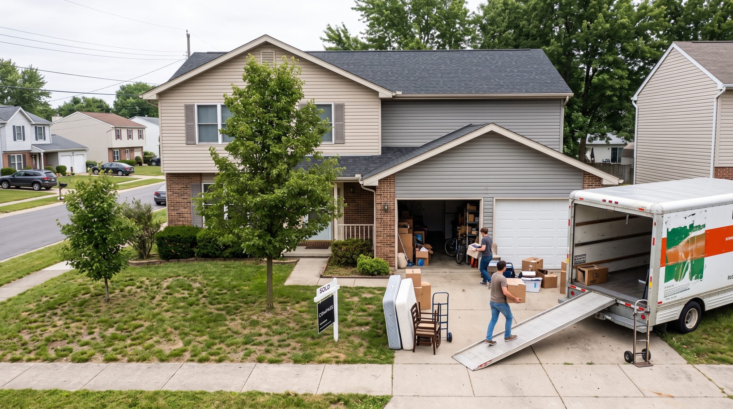 Movers loading boxes into a moving truck outside a two-story suburban home with a for-sale sign in the yard