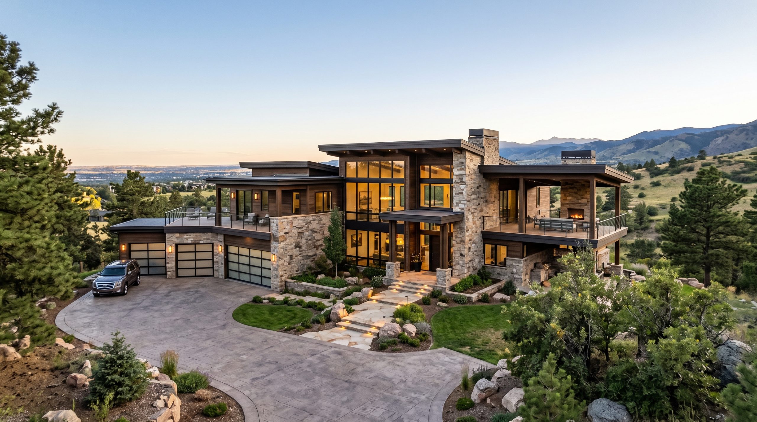 Contemporary stone and wood luxury home at dusk with Colorado foothills in the background