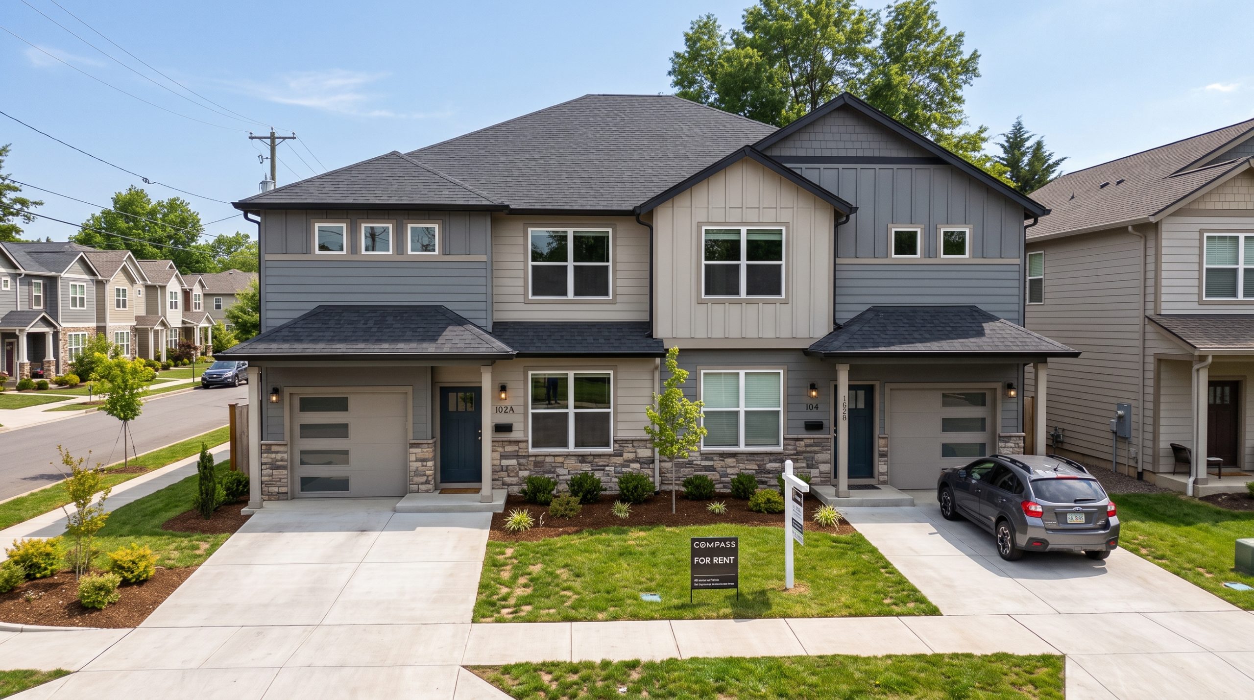 Two-story duplex with gray siding, two garages, and a sign in the front yard on a tree-lined suburban street