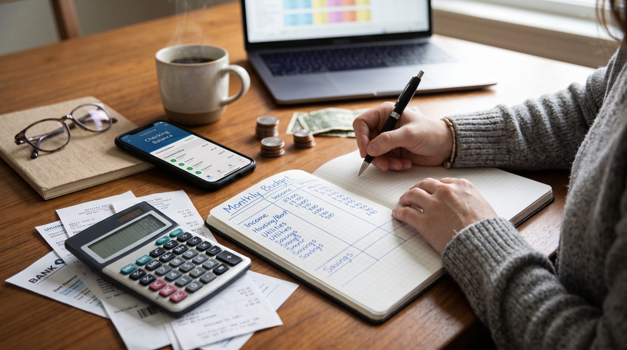 Person planning finances at a desk with a calculator, notebook, laptop, and coffee