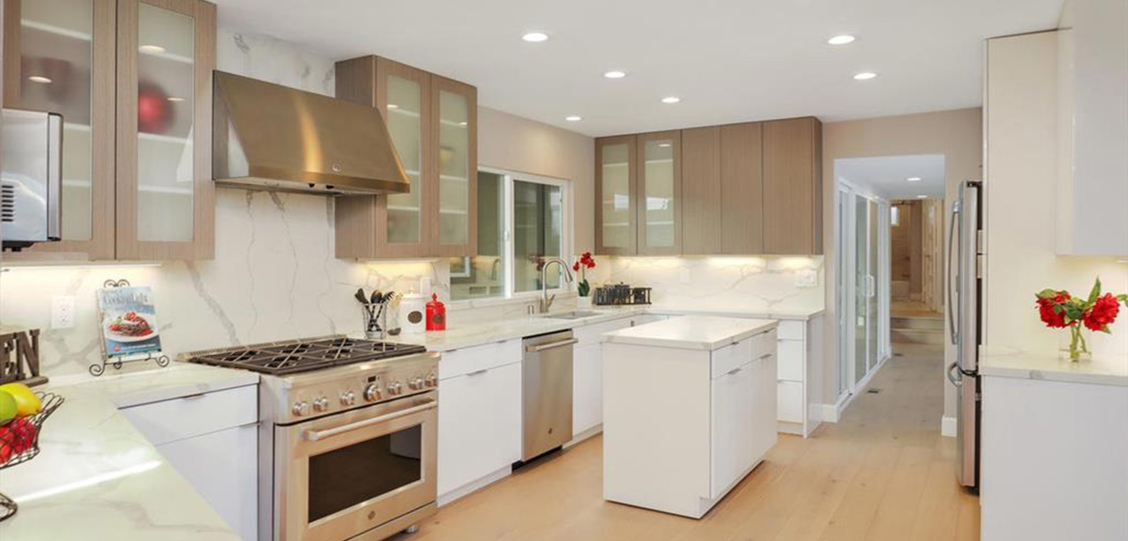 Bright, clean San Diego kitchen staged to highlight its layout, natural materials, and functionality