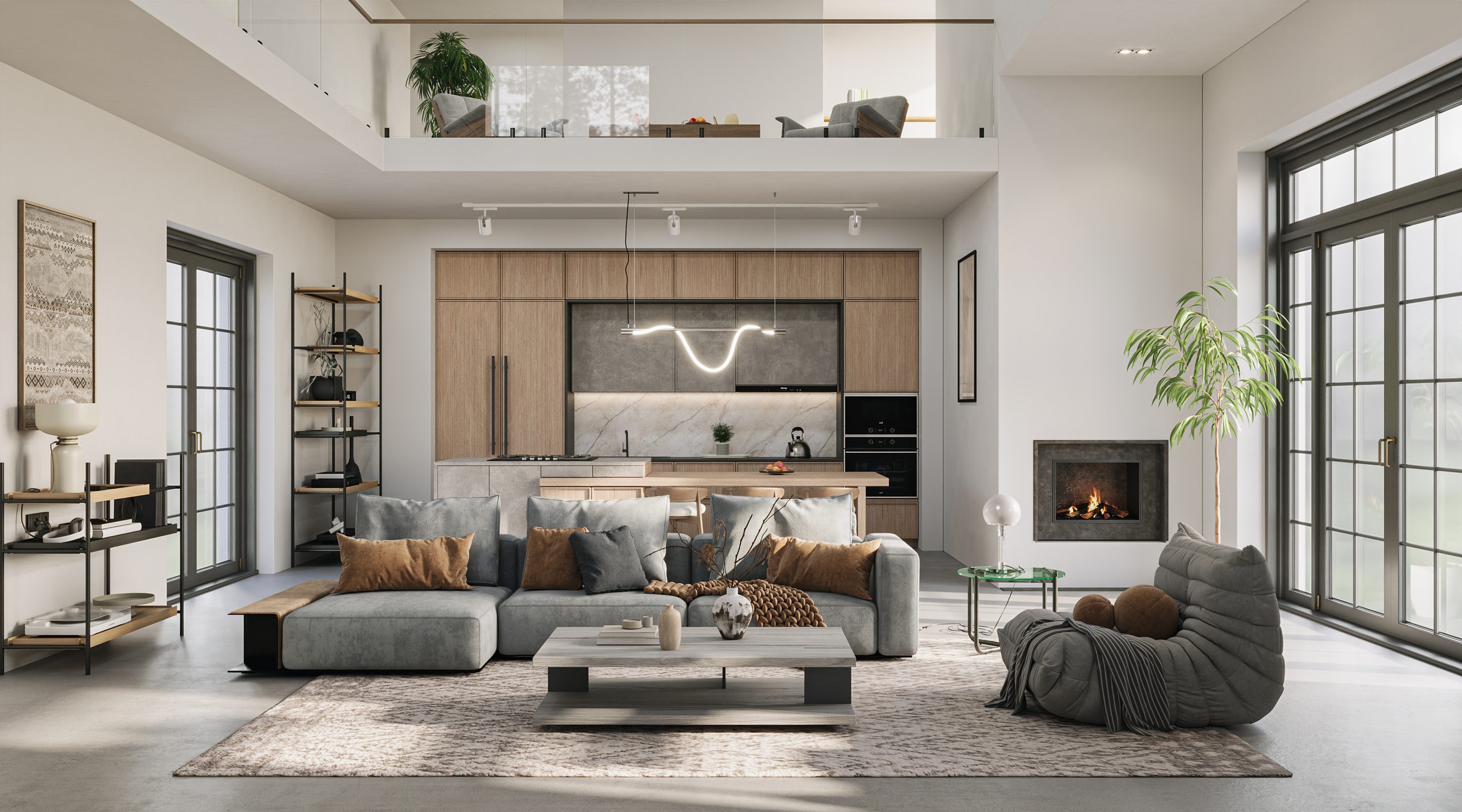 Modern open-plan living room with natural tones, wood finishes, and soft textures. Featuring a cozy modular sofa, minimalist fireplace, and large windows overlooking a green landscape, 3d render