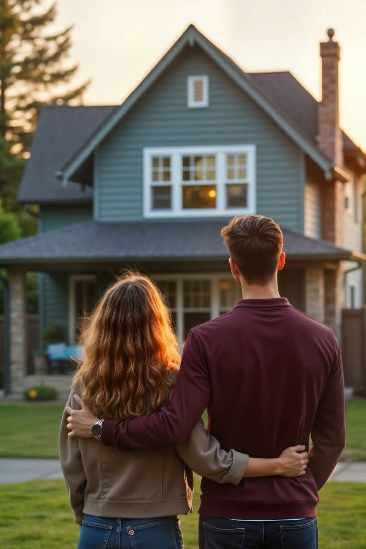 Couple looking at a hillside house at sunset