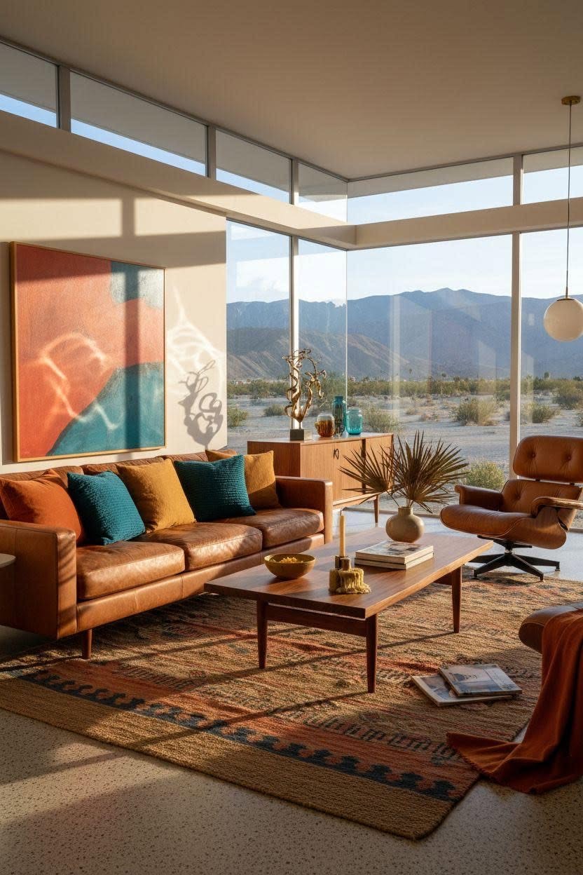 Sunlit living room with a leather sofa and mountain views
