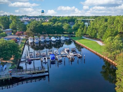 Downtown Conway Marina along the Waccamaw River featuring boats, waterfront views, and the historic charm of Conway, South Carolina