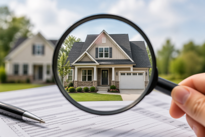 Magnifying glass focusing on a home, representing close inspection and evaluation of a property