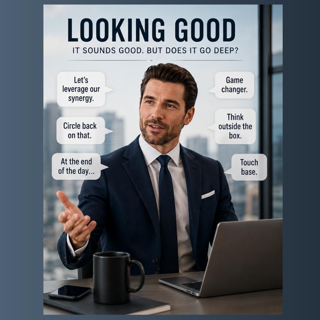 Polished businessman in a suit surrounded by corporate buzzwords like “leverage our synergy,” “circle back,” and “touch base,” representing surface-level professionalism without substance.