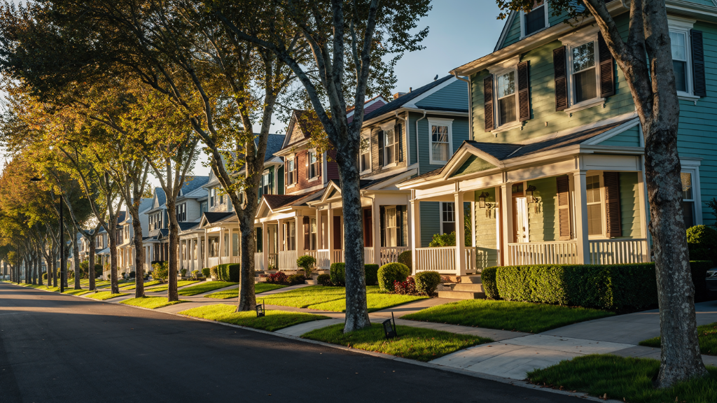Tree-lined residential street in Newton MA, a top suburb for young professionals moving out of Boston