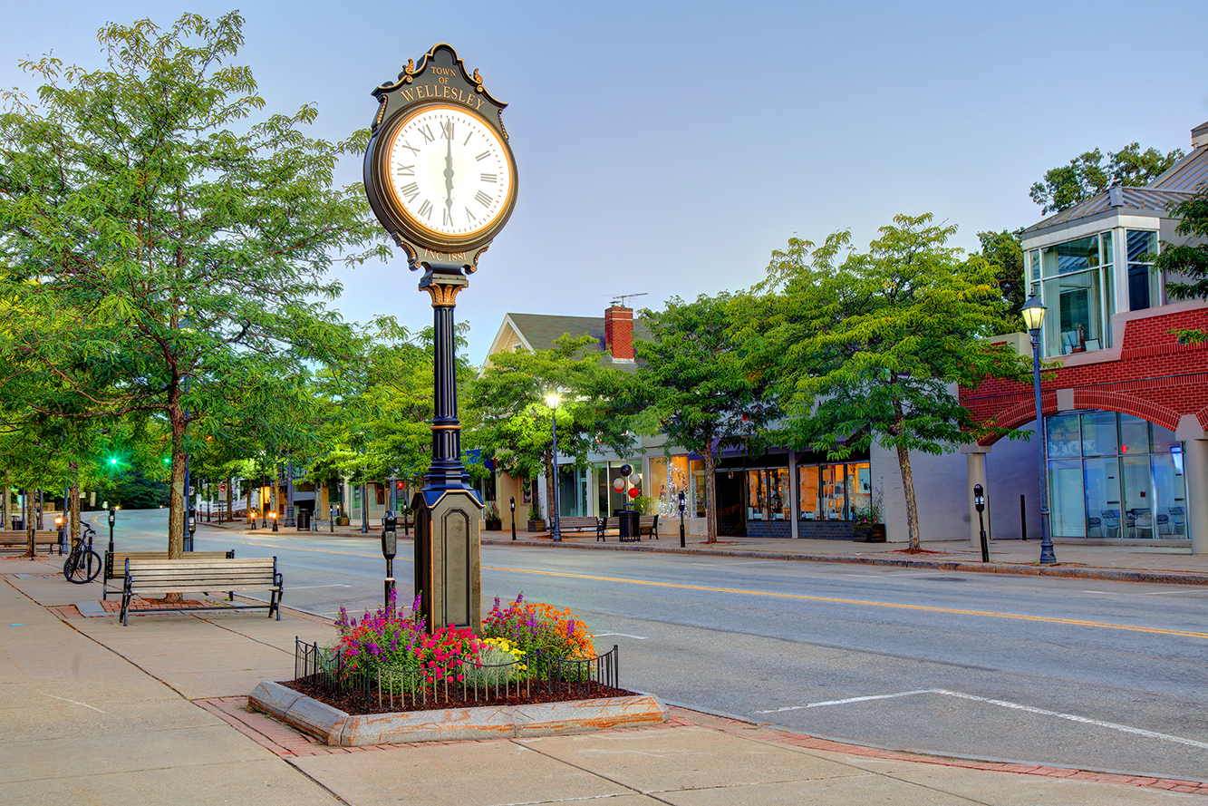 Downtown Wellesley MA with the iconic town clock on Central Street