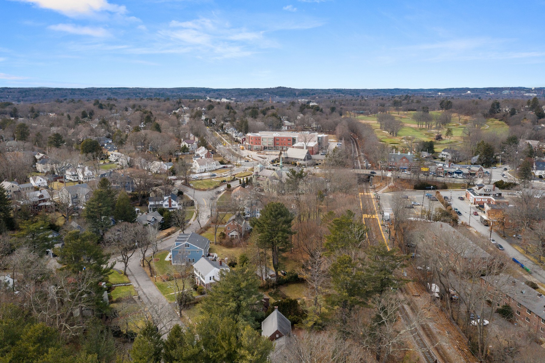 Aerial view of Waban village and surrounding neighborhoods in Newton MA