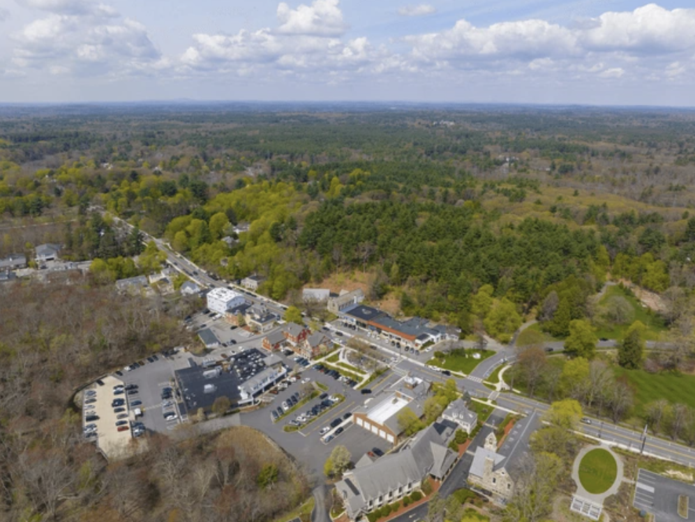 Aerial view of Weston MA town center and surrounding neighborhoods