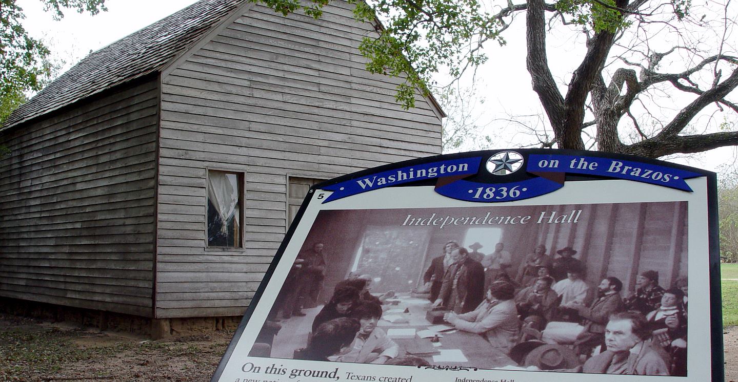 An educational sign pinpointing Washington-on-the-Brazos (also known as Washington), an unincorporated area along the Brazos River in Washington County, Texas, United States. 