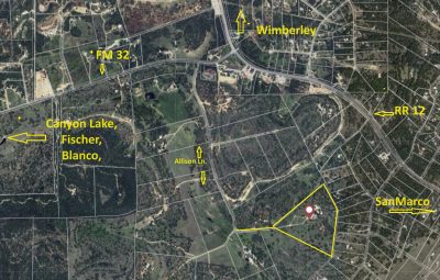 Texas Hill Country estate San Marcos TX map showing 761 Allison Lane location near Wimberley, Canyon Lake, FM 32, and RR 12