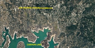 Aerial map view showing location of 239 George Strait in Fischer TX near Canyon Lake highlighting Canyon Lake TX lot position in Rancho Del Lago area