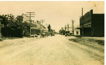 Historic photo of downtown Martindale Texas showing early Main Street streetscape and buildings