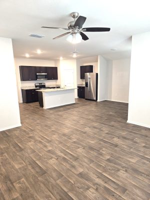 Open-concept living room and kitchen at 716 Monarch Drive in Seguin TX featuring wood-look flooring, ceiling fan, and large kitchen island