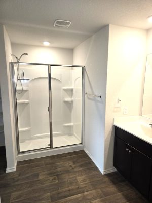 Large walk-in shower with glass doors and built-in shelving in modern primary bathroom