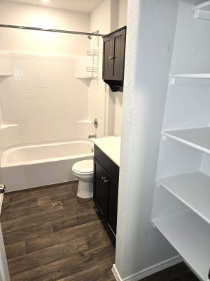 Secondary bathroom with tub and shower combination, dark vanity, and built-in hallway storage shelves