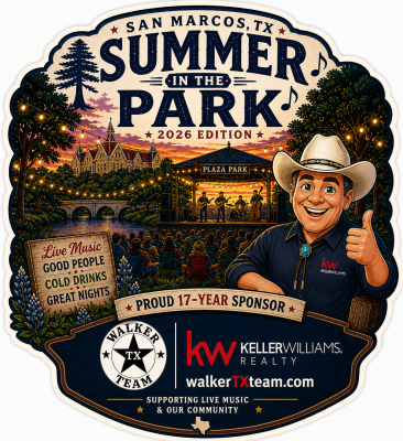 Summer in the Park 2026 commemorative sponsor sticker featuring Plaza Park in San Marcos Texas with live music and crowd scene
