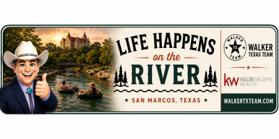 Life Happens on the River bumper sticker featuring San Marcos River tubing scene and Walker Texas Team branding
