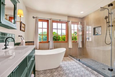Spa-inspired bathroom with freestanding soaking tub, walk-in shower, and large windows