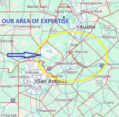 Map showing the Walker Texas Team service area across San Marcos, New Braunfels, Canyon Lake, Wimberley, Kyle, and surrounding Central Texas communities